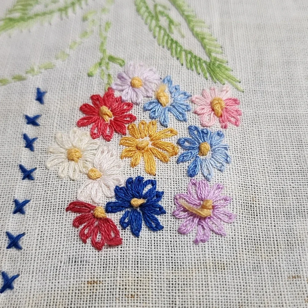 Antique Hand Embroidered Table Runner Bluebird Floral Crochet Lace Trim 36x11
